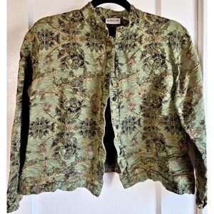 Chico's green Wrinkled floral silk linen snap front jacket Sz 1 ( US‎ M)